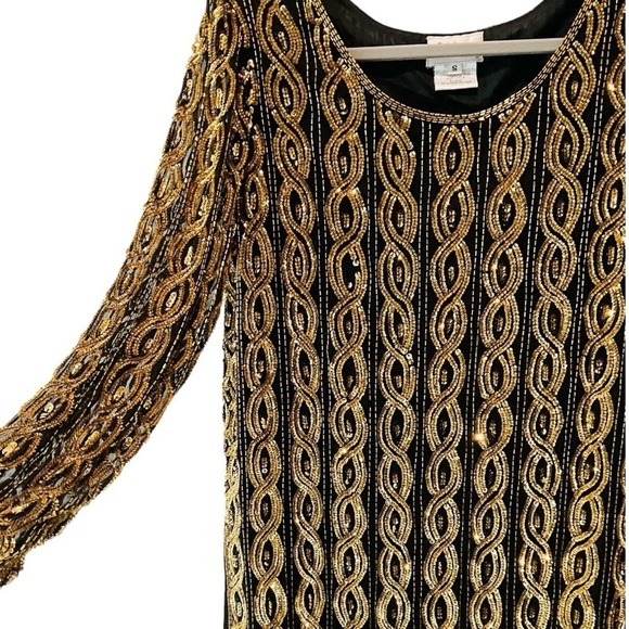 Vintage Stenay Beaded Tunic Top Dress Sequin Black Gold Silk Small - Picture 6 of 6